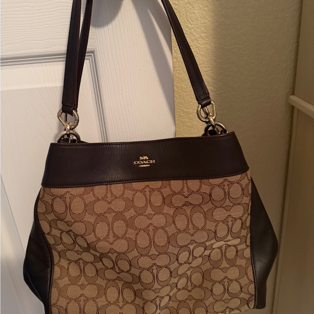 Coach Tan and Brown Signature Shoulder Bag